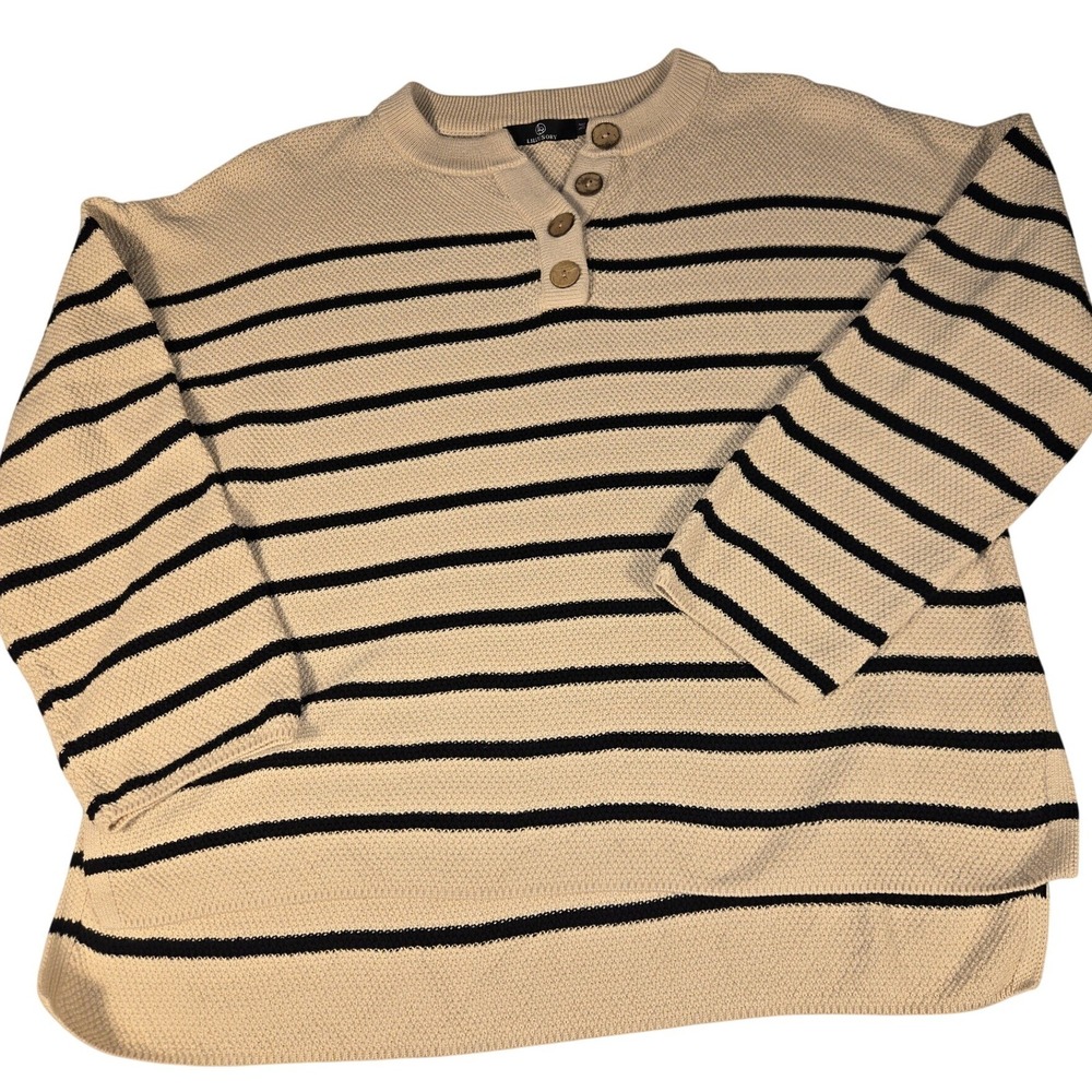 LILLUSORY Womens Striped Henley Sweater Cream Black Knit Button Neck Medium